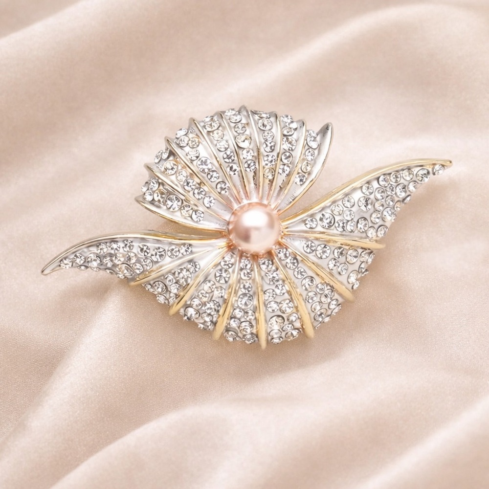 Art Deco Gold Silver Brooch with Pink Pearl - Picture 5 of 8